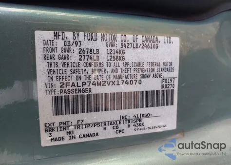 1997 Ford Crown Victoria Lx z USA, uszkodzony, nr VIN 2FALP74W2VX174070